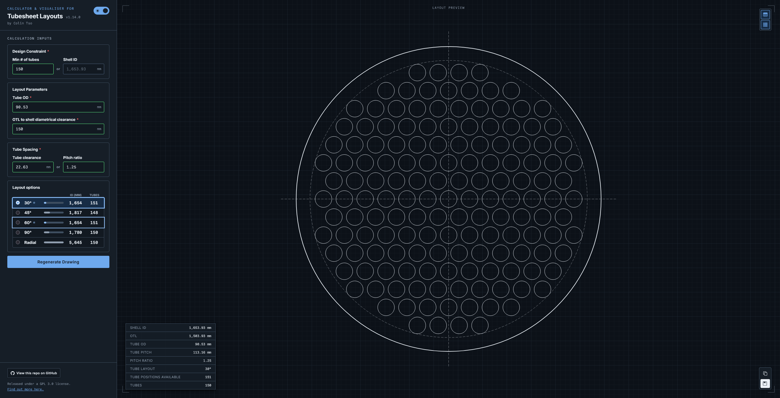 Screenshot of the Tubesheet Layout Generator and Visualiser app